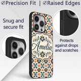 Bold Floral Tile in Navy, Orange and Cream with Custom Name Protective Phone Case Mobile Cover Durable Everyday Smartphone Shock Resistant