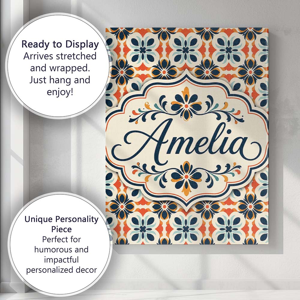 Personalised Name Bold Floral Tile in Navy, Custom  Bespoke Interior Contemporary Canvas Wall Art Print Decor Picture Ready to Hang