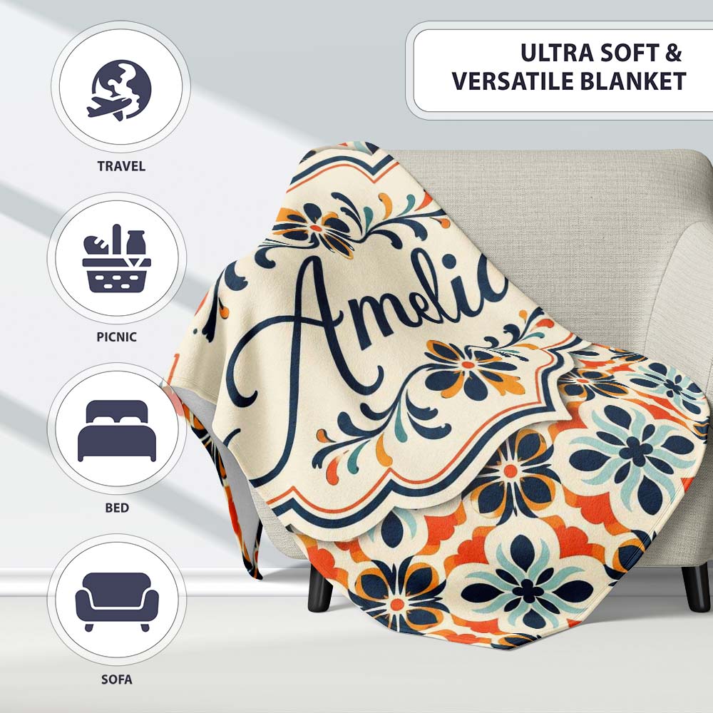Bold Floral Tile in Navy, Orange and Cream with Symmetrical Design  Personalised Custom Name Super Soft Fleece Blanket Bed Sofa Throw