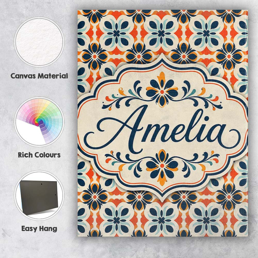 Personalised Name Bold Floral Tile in Navy, Custom  Bespoke Interior Contemporary Canvas Wall Art Print Decor Picture Ready to Hang
