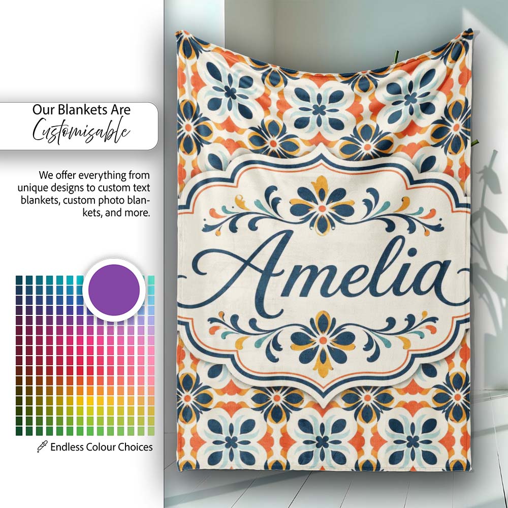 Bold Floral Tile in Navy, Orange and Cream with Symmetrical Design  Personalised Custom Name Super Soft Fleece Blanket Bed Sofa Throw
