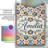 Bold Floral Tile in Navy, Orange and Cream with Symmetrical Design  Personalised Custom Name Super Soft Fleece Blanket Bed Sofa Throw