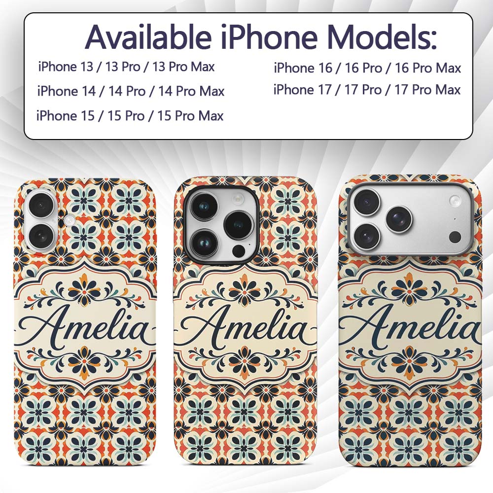 Bold Floral Tile in Navy, Orange and Cream with Custom Name Protective Phone Case Mobile Cover Durable Everyday Smartphone Shock Resistant
