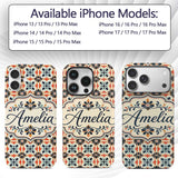 Bold Floral Tile in Navy, Orange and Cream with Custom Name Protective Phone Case Mobile Cover Durable Everyday Smartphone Shock Resistant