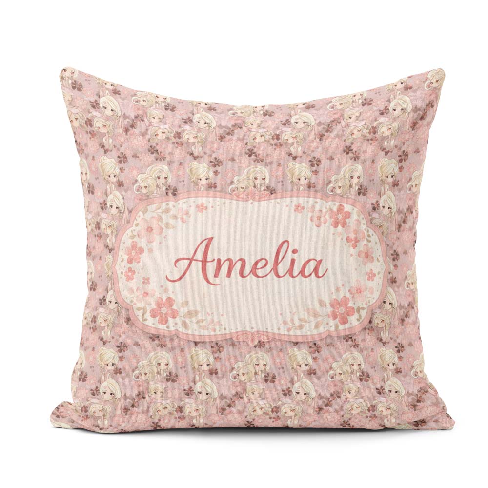 Custom Name Blonde Chibi Girl Floral Pink Pattern Cute Character Square Filled Cushion Throw Pillow Sofa Bed Home Decor Zip Washable UK Made