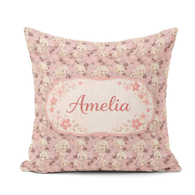 Custom Name Blonde Chibi Girl Floral Pink Pattern Cute Character Square Filled Cushion Throw Pillow Sofa Bed Home Decor Zip Washable UK Made