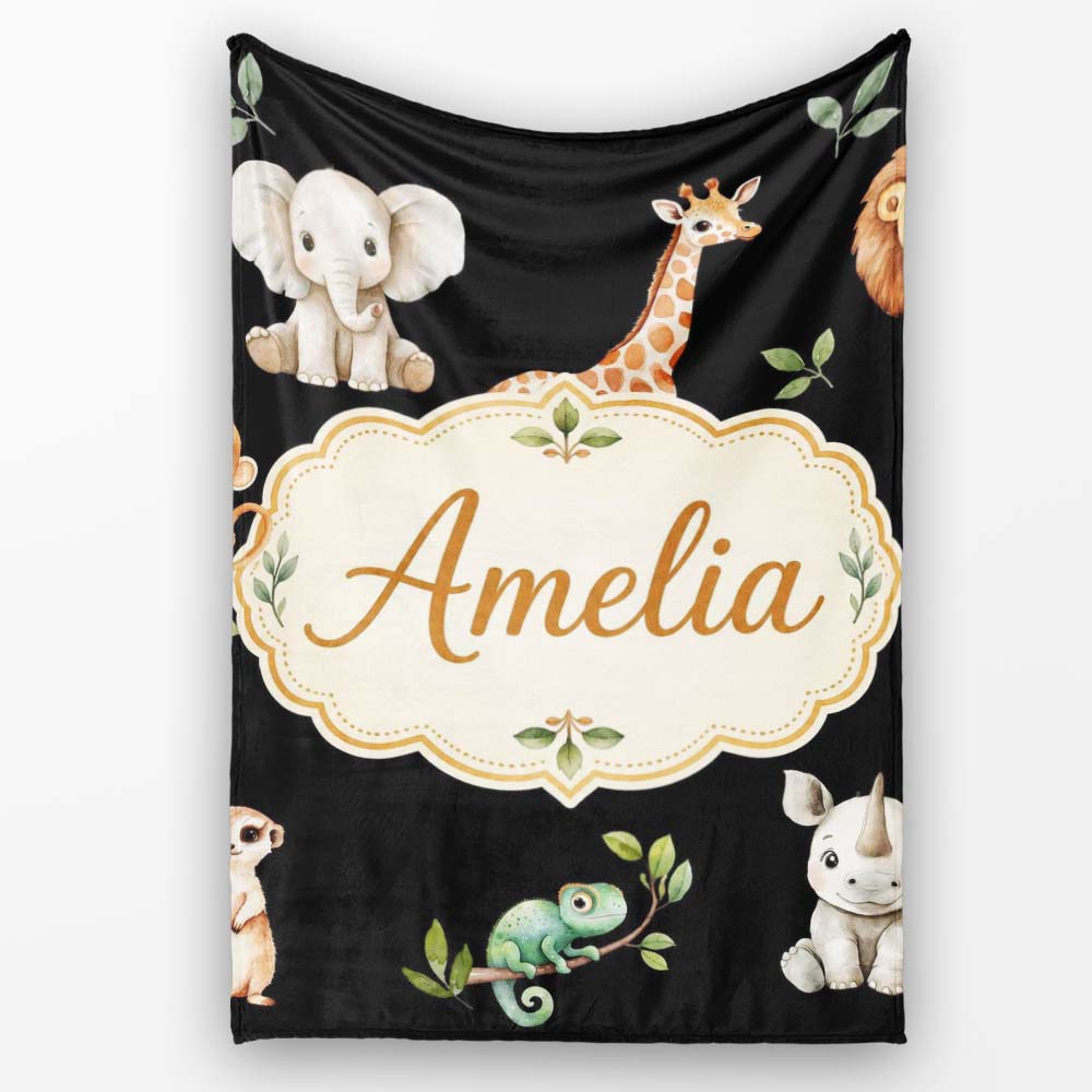 Safari Animals with Elephant Lion and Crocodile on Black Background  Personalised Custom Name Super Soft Fleece Blanket Bed Sofa Throw