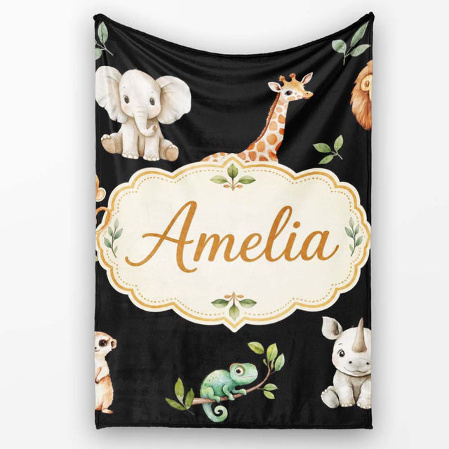 Safari Animals with Elephant Lion and Crocodile on Black Background  Personalised Custom Name Super Soft Fleece Blanket Bed Sofa Throw