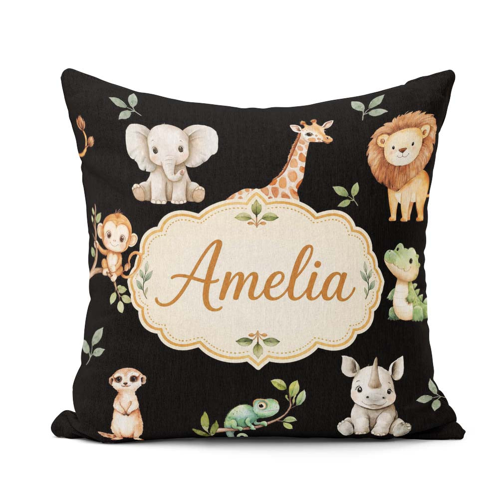 Custom Name Safari Animals with Elephant Lion Crocodile on Black Square Filled Cushion Throw Pillow Sofa Bed Home Decor Zip Washable UK Made