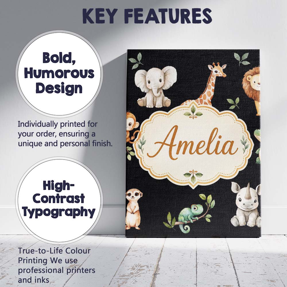 Personalised Name Safari Animals with Custom Modern Room Accent Creative Decorator Style Canvas Wall Art Print Decor Picture Ready to Hang
