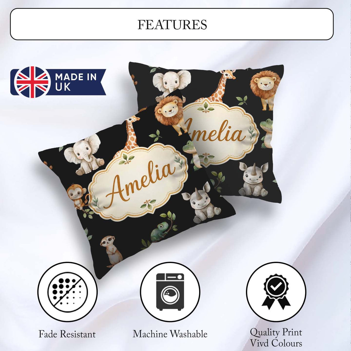 Custom Name Safari Animals with Elephant Lion Crocodile on Black Square Filled Cushion Throw Pillow Sofa Bed Home Decor Zip Washable UK Made