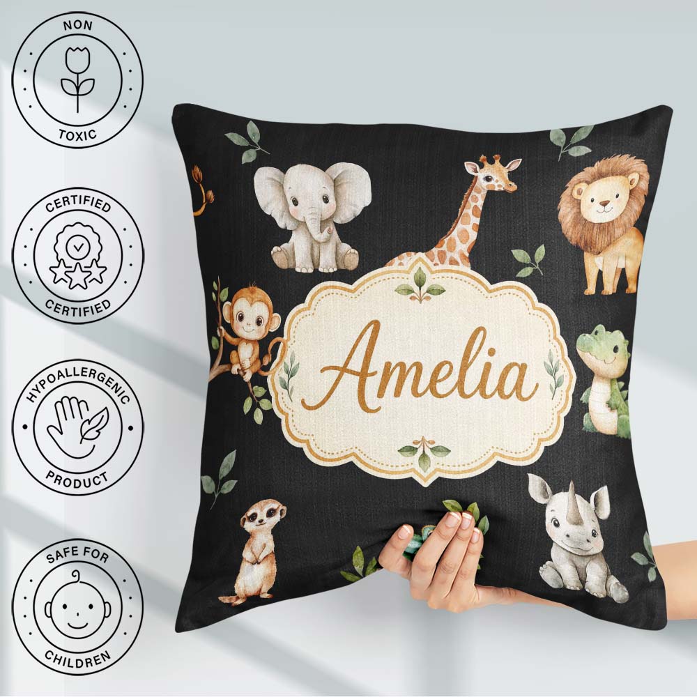 Custom Name Safari Animals with Elephant Lion Crocodile on Black Square Filled Cushion Throw Pillow Sofa Bed Home Decor Zip Washable UK Made