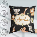 Custom Name Safari Animals with Elephant Lion Crocodile on Black Square Filled Cushion Throw Pillow Sofa Bed Home Decor Zip Washable UK Made