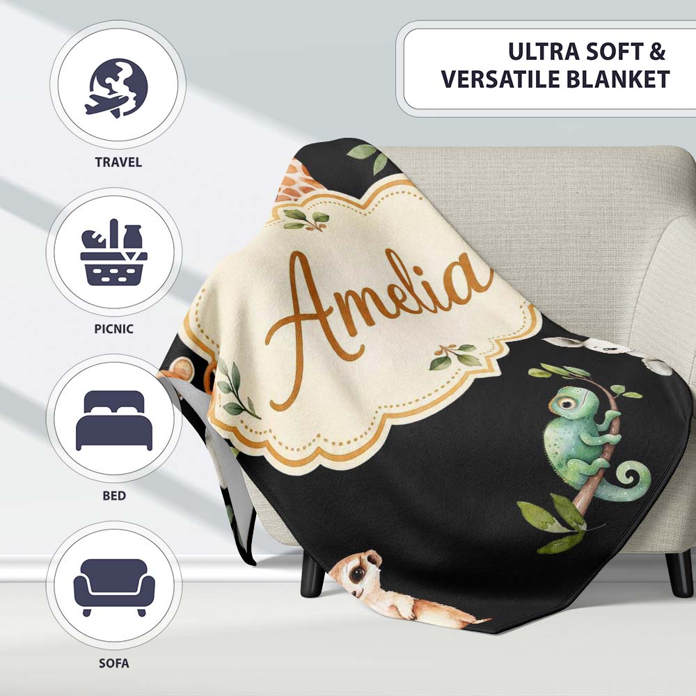 Safari Animals with Elephant Lion and Crocodile on Black Background  Personalised Custom Name Super Soft Fleece Blanket Bed Sofa Throw