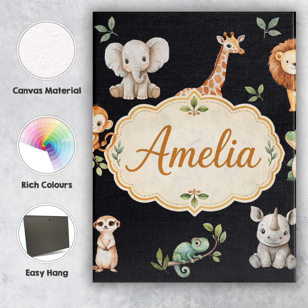 Personalised Name Safari Animals with Custom Modern Room Accent Creative Decorator Style Canvas Wall Art Print Decor Picture Ready to Hang
