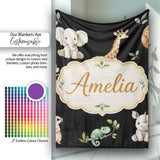 Safari Animals with Elephant Lion and Crocodile on Black Background  Personalised Custom Name Super Soft Fleece Blanket Bed Sofa Throw