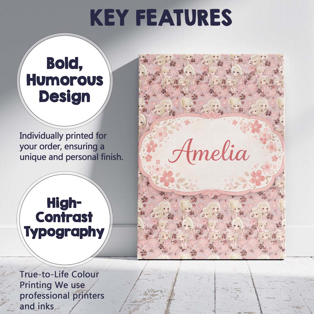 Personalised Name Blonde Chibi Girl Floral Pink Pattern Cute Character Custom Decorative Canvas Wall Art Print Decor Picture Ready to Hang