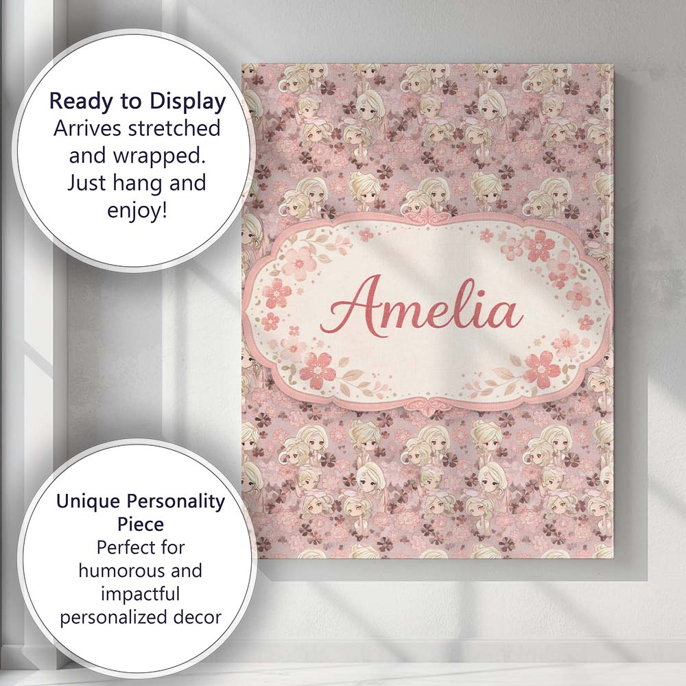 Personalised Name Blonde Chibi Girl Floral Pink Pattern Cute Character Custom Decorative Canvas Wall Art Print Decor Picture Ready to Hang
