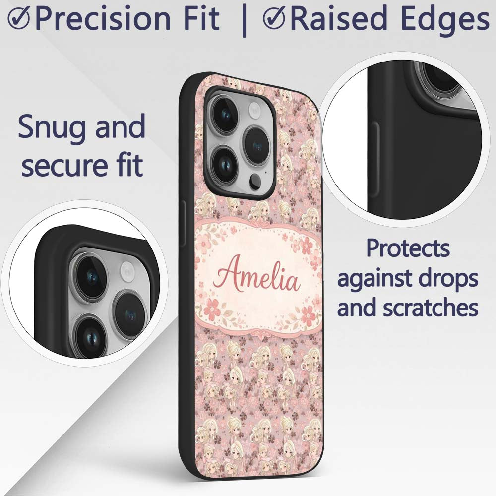 Blonde Chibi Girl Floral Pink Printed Design Custom Name Protective Phone Case Mobile Cover Durable Everyday Smartphone Shock Resistant