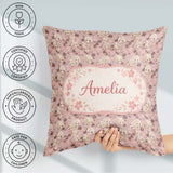 Custom Name Blonde Chibi Girl Floral Pink Pattern Cute Character Square Filled Cushion Throw Pillow Sofa Bed Home Decor Zip Washable UK Made