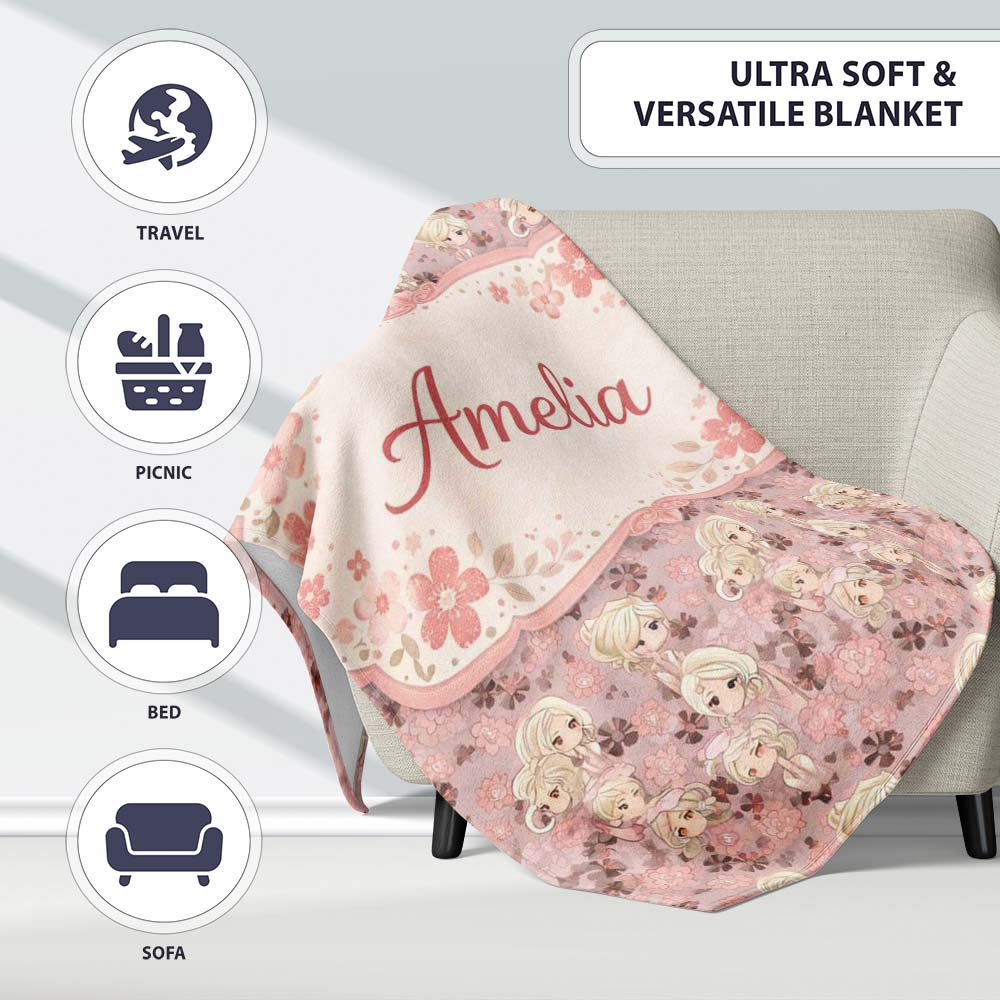 Blonde Chibi Girl Floral Pink Pattern Cute Character Design Lovely  Personalised Custom Name Super Soft Fleece Blanket Bed Sofa Throw