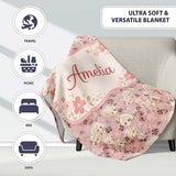 Blonde Chibi Girl Floral Pink Pattern Cute Character Design Lovely  Personalised Custom Name Super Soft Fleece Blanket Bed Sofa Throw