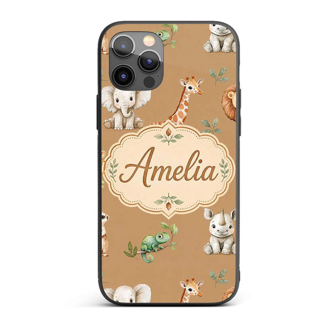 Safari Animals with Elephant Lion and Crocodile Custom Name Protective Phone Case Mobile Cover Durable Everyday Smartphone Shock Resistant