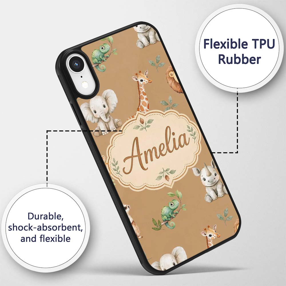 Safari Animals with Elephant Lion and Crocodile Custom Name Protective Phone Case Mobile Cover Durable Everyday Smartphone Shock Resistant