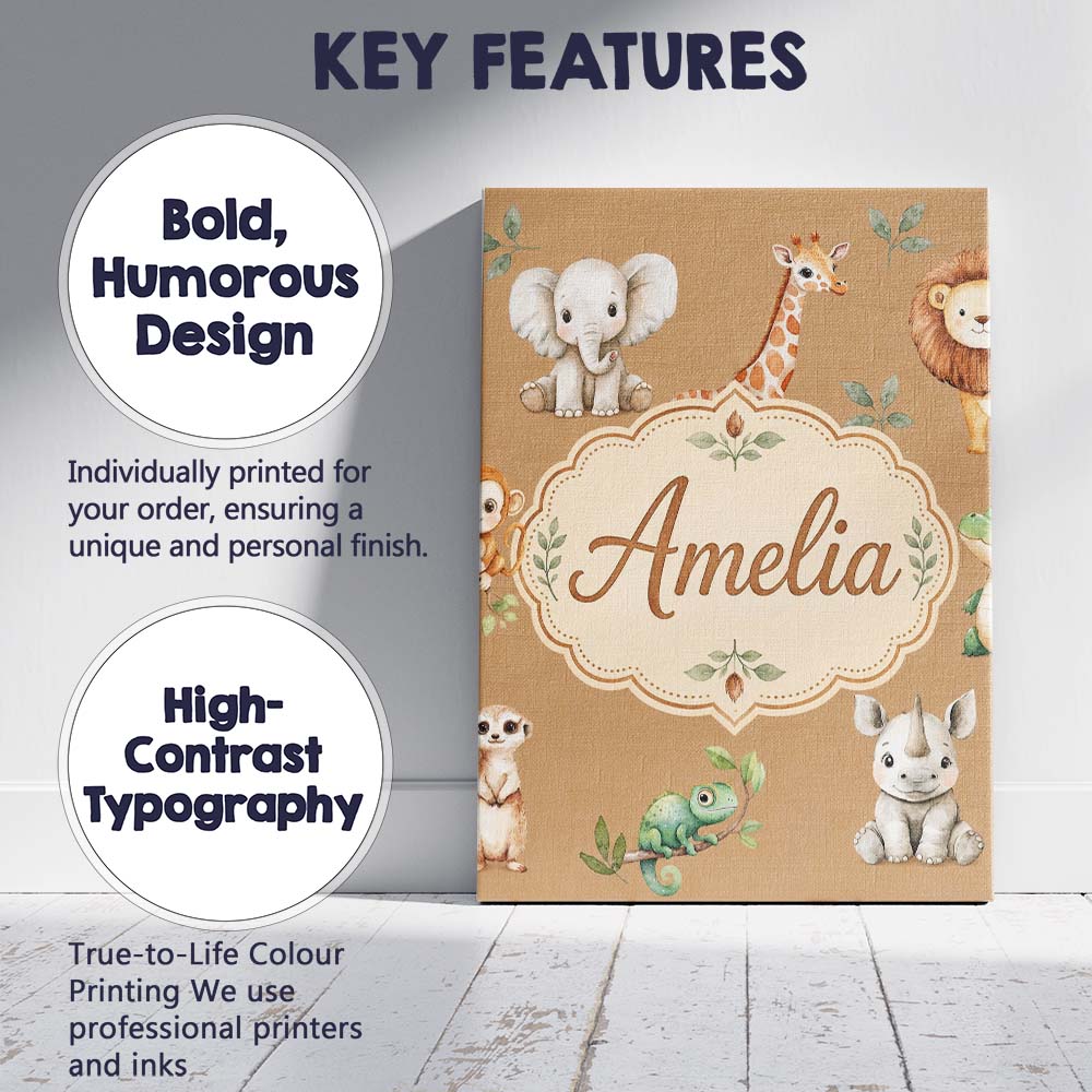 Personalised Name Safari Animals with Custom Modern Room Accent Creative Decorator Style Canvas Wall Art Print Decor Picture Ready to Hang