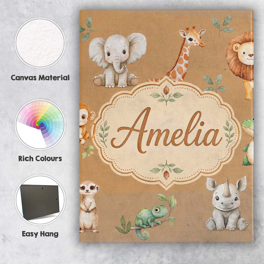 Personalised Name Safari Animals with Custom Modern Room Accent Creative Decorator Style Canvas Wall Art Print Decor Picture Ready to Hang