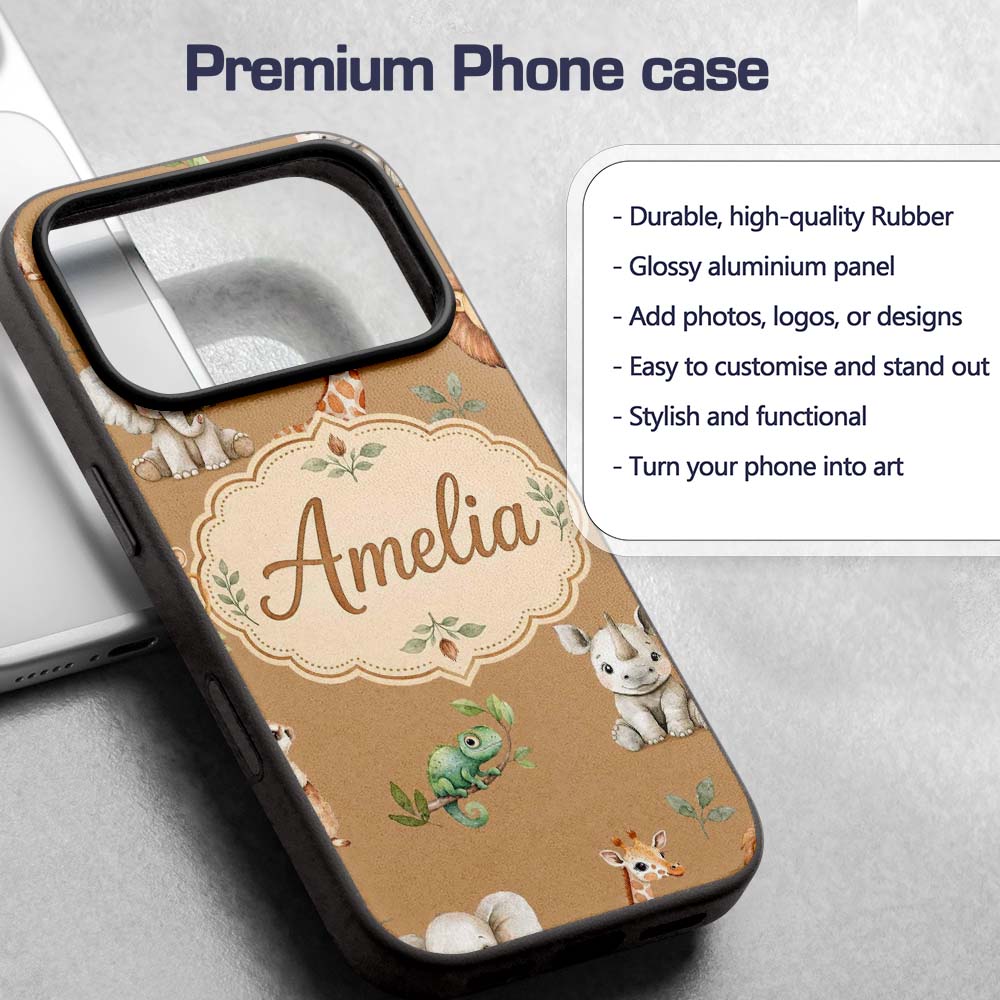 Safari Animals with Elephant Lion and Crocodile Custom Name Protective Phone Case Mobile Cover Durable Everyday Smartphone Shock Resistant