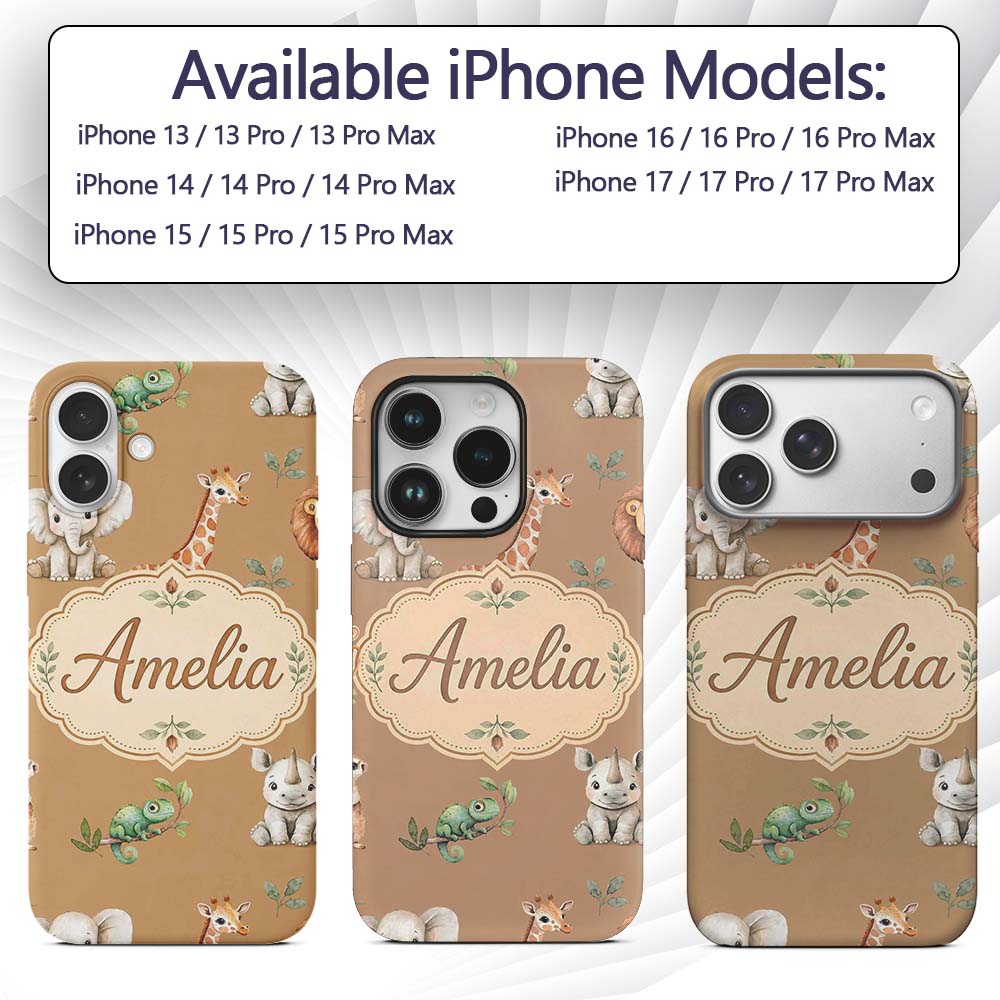 Safari Animals with Elephant Lion and Crocodile Custom Name Protective Phone Case Mobile Cover Durable Everyday Smartphone Shock Resistant