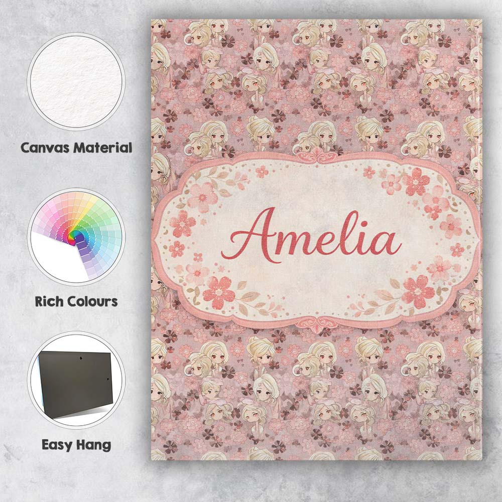 Personalised Name Blonde Chibi Girl Floral Pink Pattern Cute Character Custom Decorative Canvas Wall Art Print Decor Picture Ready to Hang