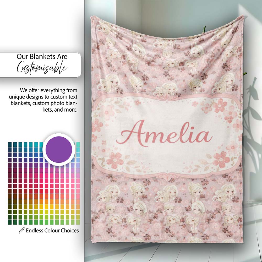 Blonde Chibi Girl Floral Pink Pattern Cute Character Design Lovely  Personalised Custom Name Super Soft Fleece Blanket Bed Sofa Throw