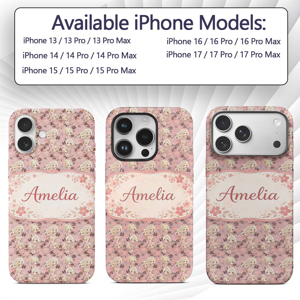 Blonde Chibi Girl Floral Pink Printed Design Custom Name Protective Phone Case Mobile Cover Durable Everyday Smartphone Shock Resistant