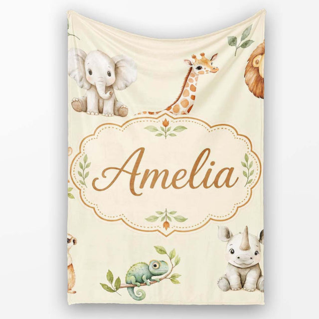 Safari Animals with Elephant Lion and Crocodile on Soft Neutral  Personalised Custom Name Super Soft Fleece Blanket Bed Sofa Throw