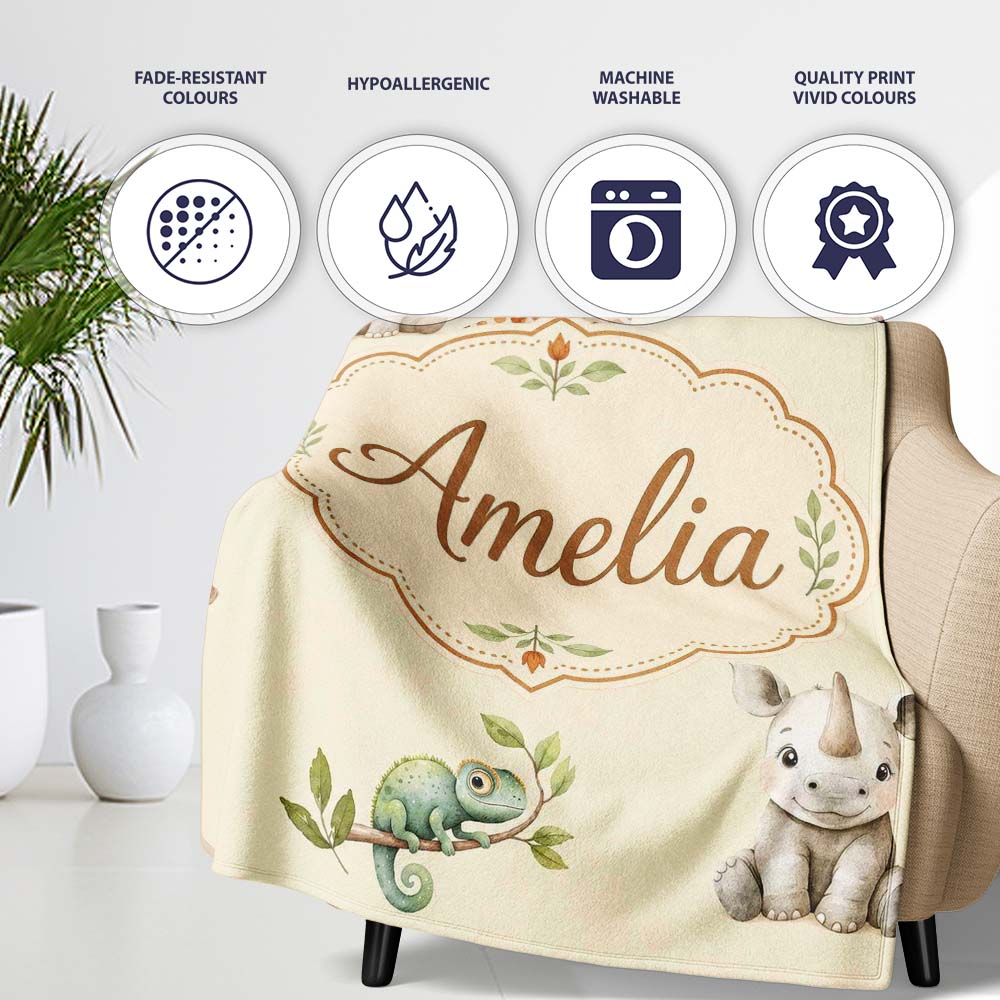 Safari Animals with Elephant Lion and Crocodile on Soft Neutral  Personalised Custom Name Super Soft Fleece Blanket Bed Sofa Throw