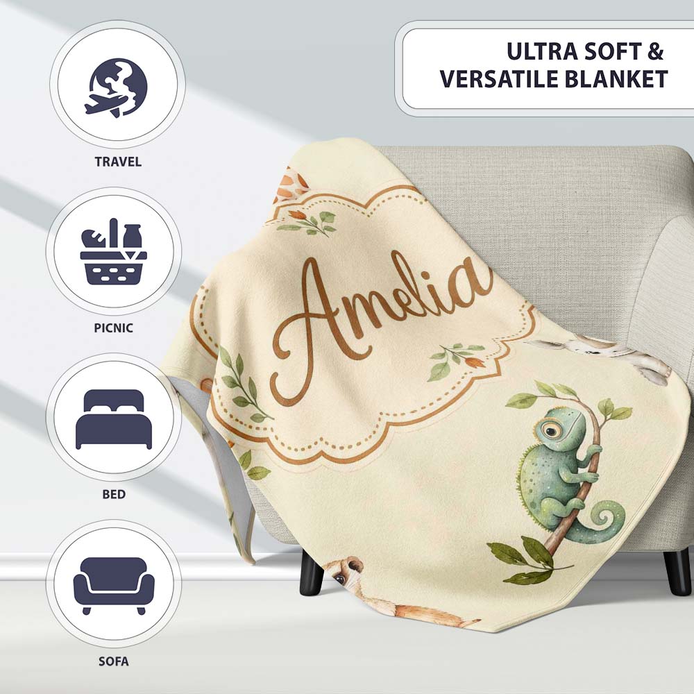 Safari Animals with Elephant Lion and Crocodile on Soft Neutral  Personalised Custom Name Super Soft Fleece Blanket Bed Sofa Throw