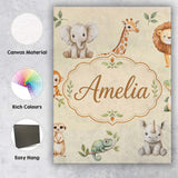 Personalised Name Safari Animals with Custom Modern Room Accent Creative Decorator Style Canvas Wall Art Print Decor Picture Ready to Hang