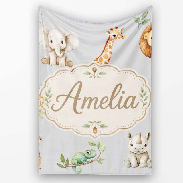 Safari Animals with Elephant Lion and Crocodile on Cool Grey Lovely  Personalised Custom Name Super Soft Fleece Blanket Bed Sofa Throw
