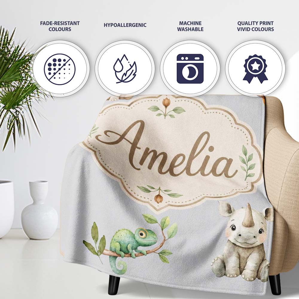 Safari Animals with Elephant Lion and Crocodile on Cool Grey Lovely  Personalised Custom Name Super Soft Fleece Blanket Bed Sofa Throw