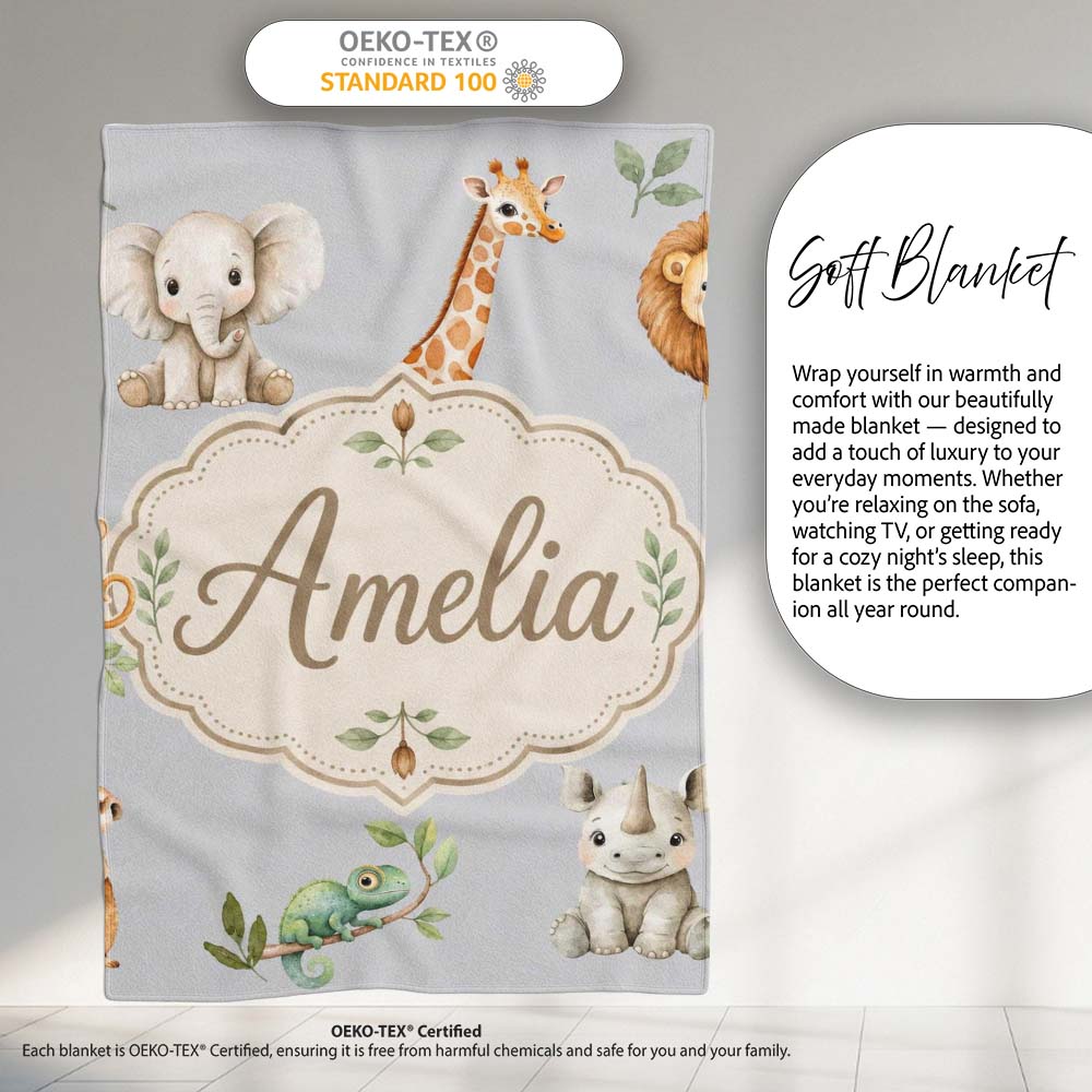 Safari Animals with Elephant Lion and Crocodile on Cool Grey Lovely  Personalised Custom Name Super Soft Fleece Blanket Bed Sofa Throw