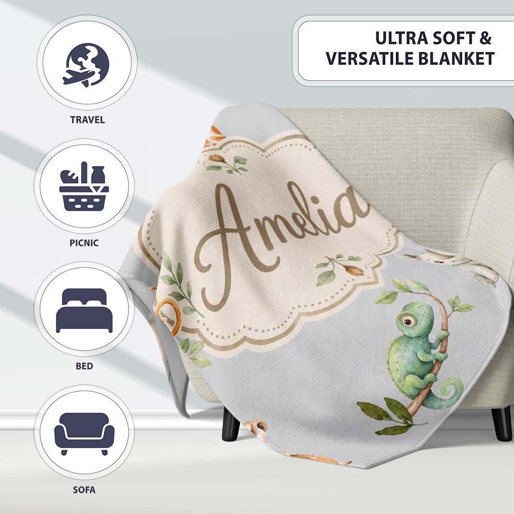 Safari Animals with Elephant Lion and Crocodile on Cool Grey Lovely  Personalised Custom Name Super Soft Fleece Blanket Bed Sofa Throw