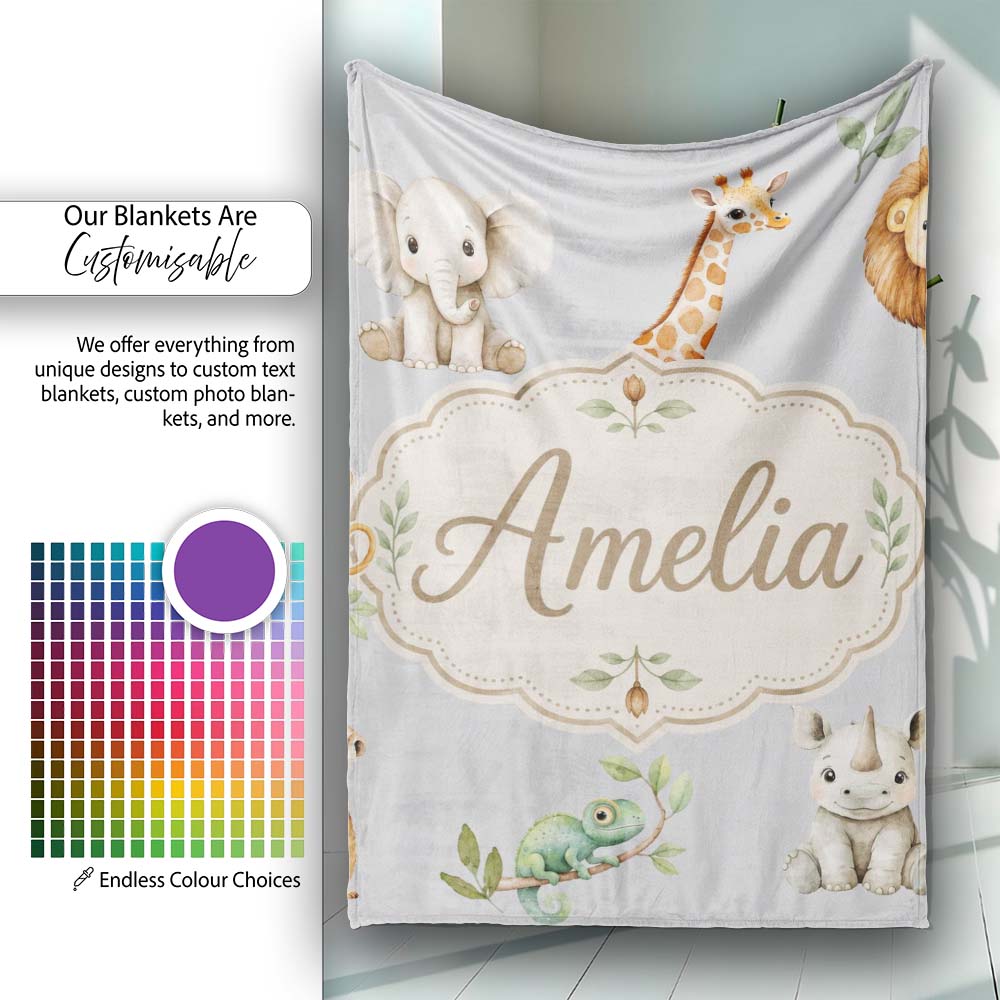 Safari Animals with Elephant Lion and Crocodile on Cool Grey Lovely  Personalised Custom Name Super Soft Fleece Blanket Bed Sofa Throw