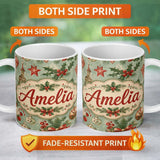 Personalized Custom Name Christmas Ornament Holly Snowman Festive Seamless Pattern Lovely 11oz Ceramic Coffee Tea Mug White Large Handle