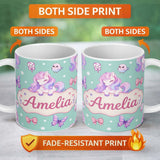 Personalized Custom Name Cute Pastel Unicorn Butterfly Candy Stars Mint Background Seamless 11oz Ceramic Coffee Tea Mug White Large Handle