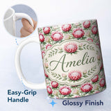Personalized Custom Name Bold Red Protea Flowers and Foliage Seamless Pattern Lovely 11oz Ceramic Coffee Tea Mug White Large Handle