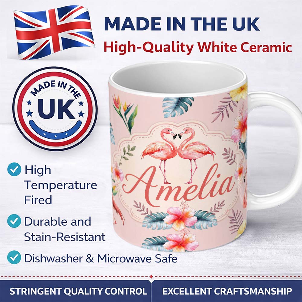 Personalized Custom Name Elegant Pink Flamingos Tropical Flowers on Pink Background Seamless 11oz Ceramic Coffee Tea Mug White Large Handle