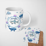 Personalized Custom Name Cute Dolphin Shark and Jellyfish Ocean Animals Light Grey Background 11oz Ceramic Coffee Tea Mug White Large Handle