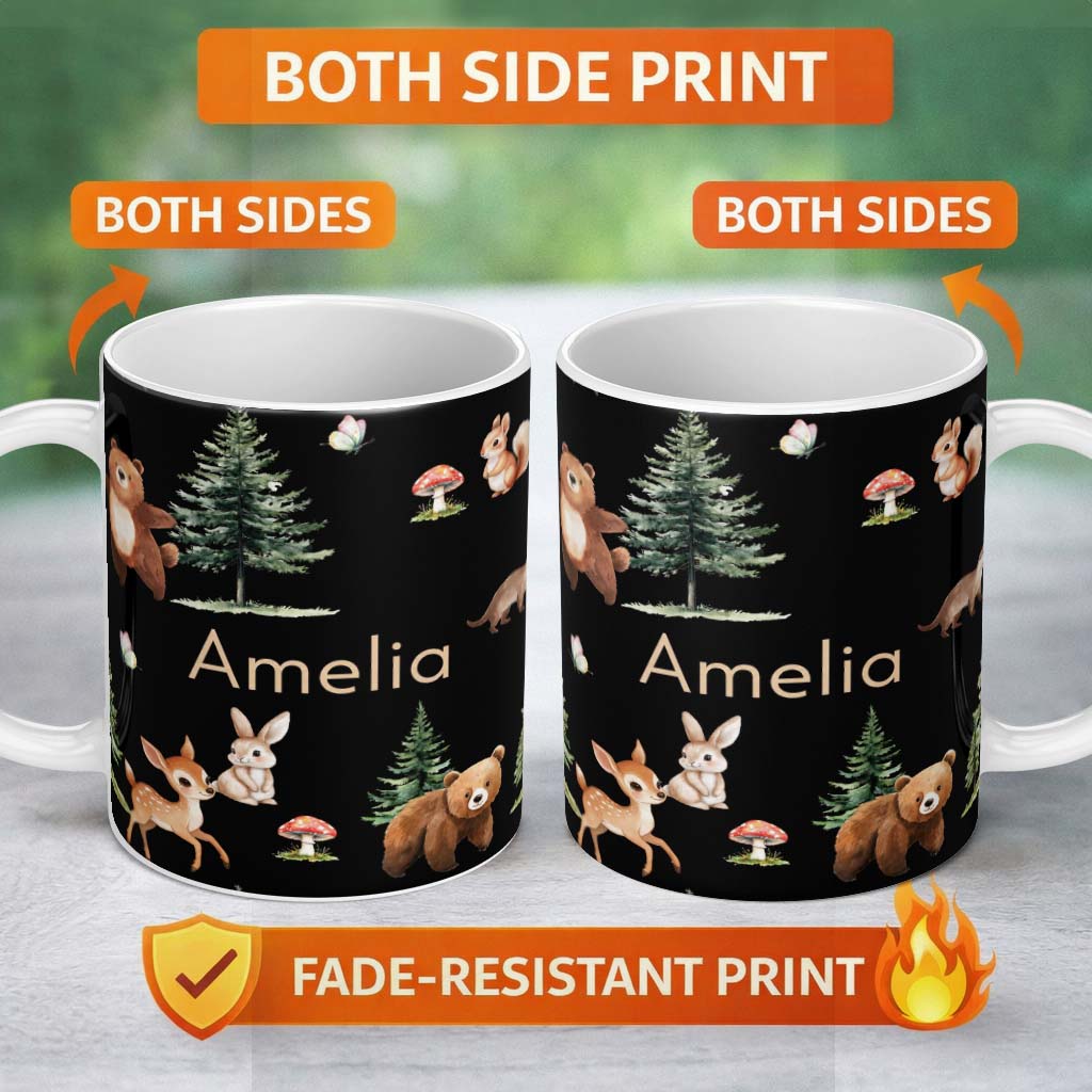 Personalized Custom Name Woodland Animals Bear Deer Bunny Trees Mushrooms Butterfly Seamless 11oz Ceramic Coffee Tea Mug White Large Handle
